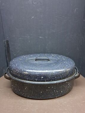 Large Enamel Roasting Pan with Lid – Speckled‎ Black Oven Roaster Turkey Pot